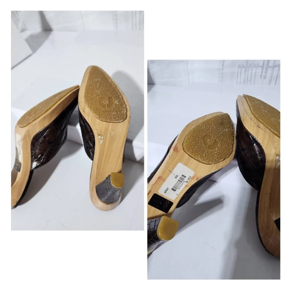 Authentic Charles Jourdan Snake Skin Leather on Wooden Platform Heels Brown